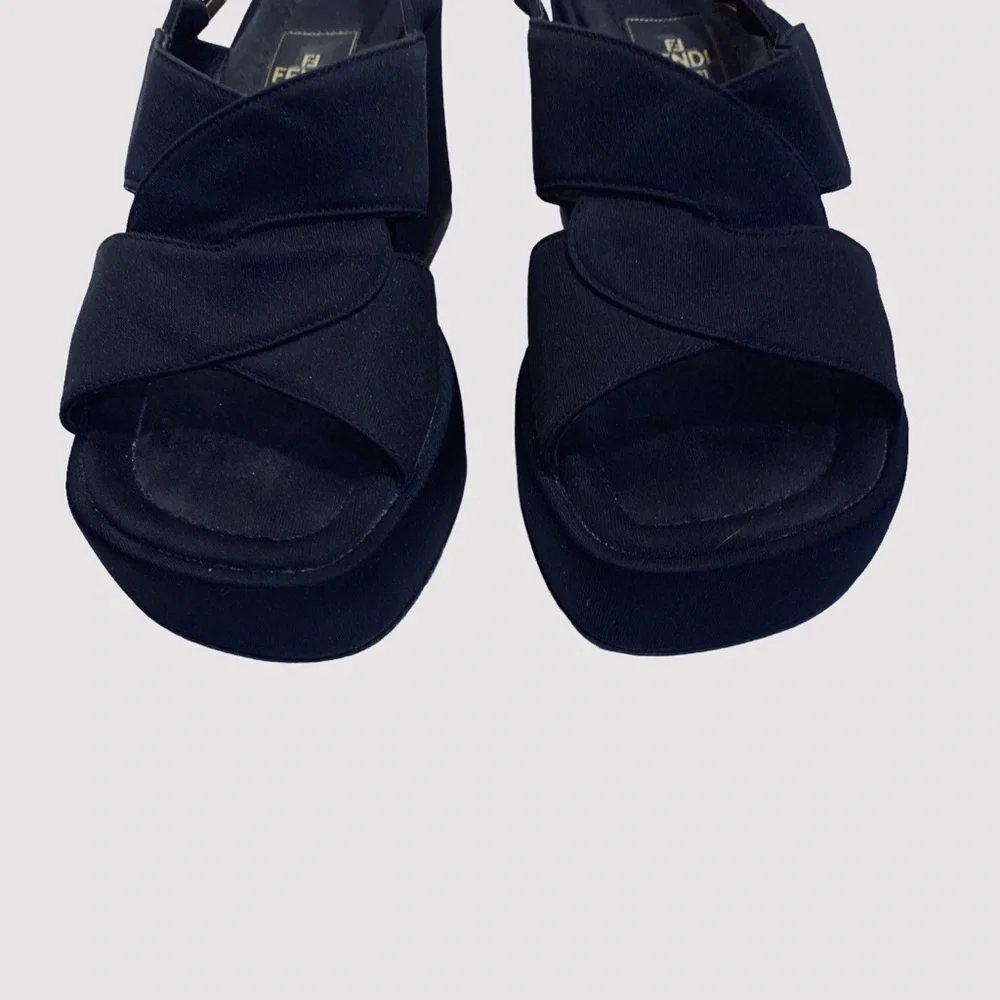 FENDI VINTAGE Y2K BLACK PLATFORM SANDALS WEDGE SLIP ON SHOE SANDAL